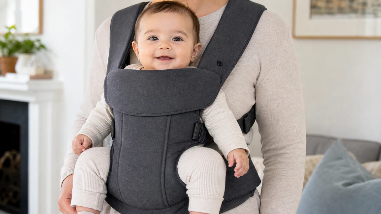 Bebé bem posicionado num porta-bebés com rosto visível e pernas apoiadas