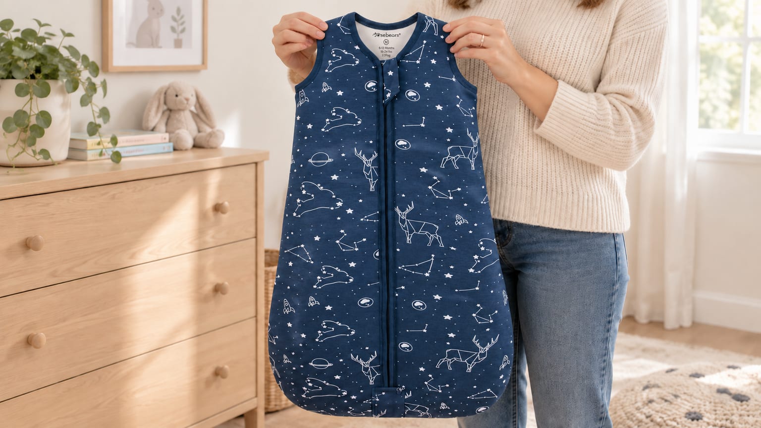 Pessoa a segurar um saco de dormir Mosebears vazio, azul-escuro com estrelas e constelações brancas, junto de uma cómoda.