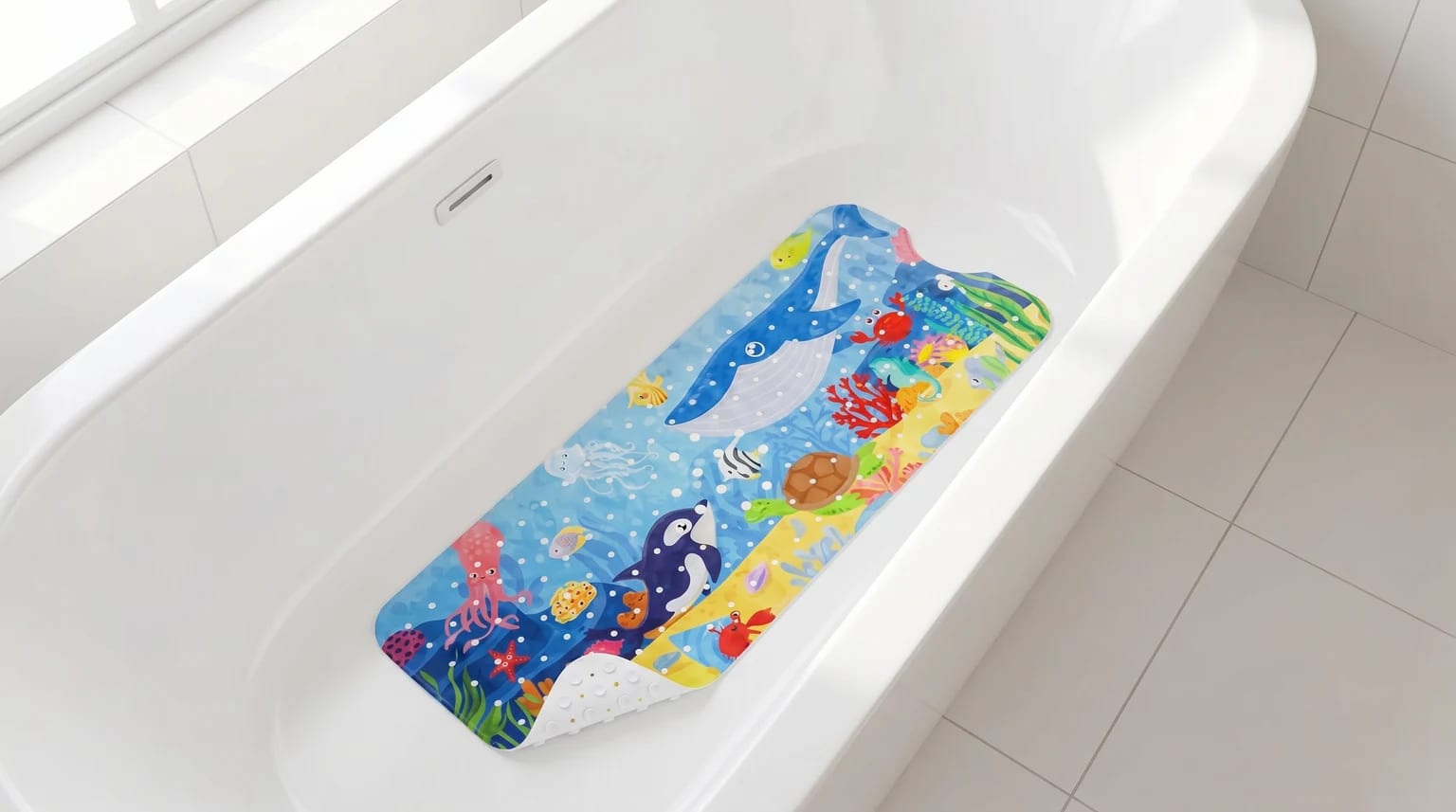 Tapete antiderrapante infantil com padrão colorido de animais marinhos pousado no fundo seco de uma banheira branca e luminosa.