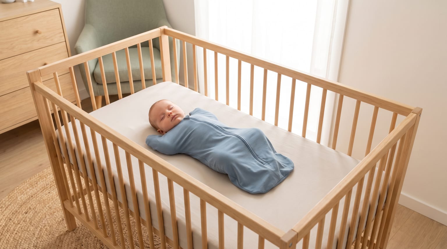 Um bebé dorme de costas, envolvido num swaddle azul-claro, num berço de madeira desimpedido com um lençol ajustado.