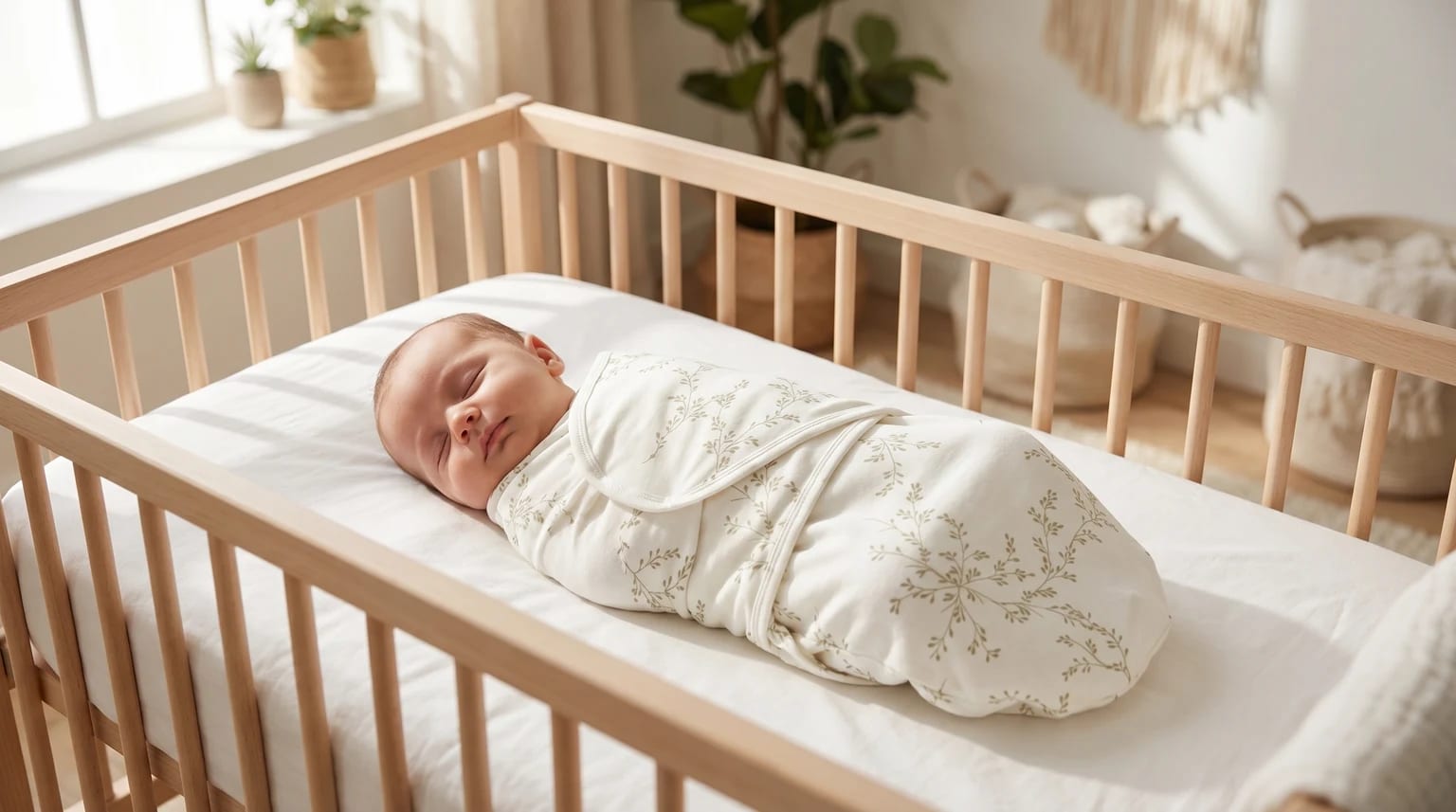 Um recém-nascido a dormir tranquilamente, envolto num cueiro branco com um padrão de ramos verdes, deitado de costas num berço de madeira clara.