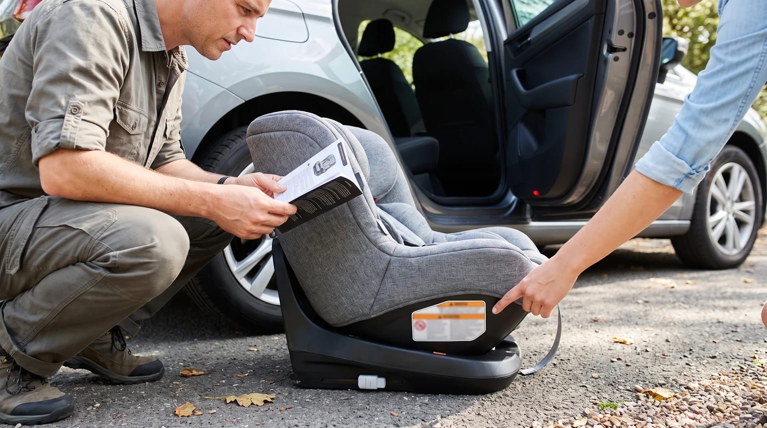 Pessoa adulta a verificar a etiqueta e o manual de uma cadeira auto antes da instalação no automóvel.