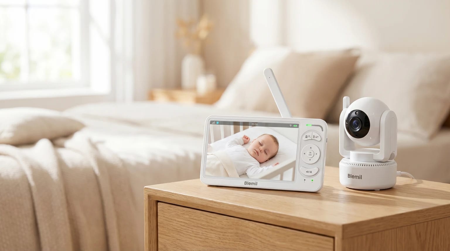 O monitor de bebé branco da Blemil pousado numa mesa de cabeceira de madeira clara. O ecrã está ligado, a exibir um vídeo nítido de um bebé a dormir pacificamente no seu berço.