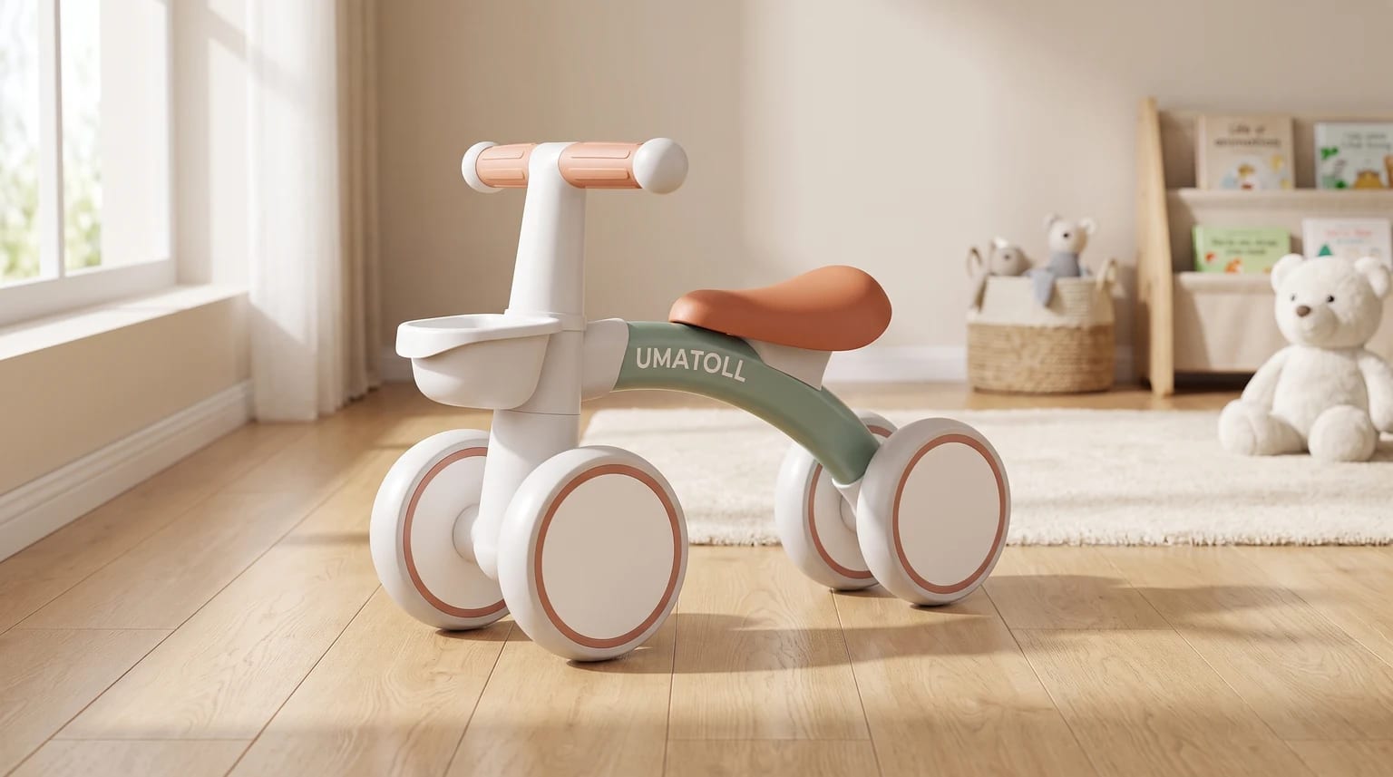 Uma bicicleta de equilíbrio para bebé, branca e verde, com um assento e pegas cor de terracota, num quarto de criança com chão de madeira.