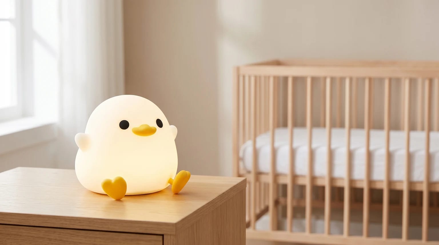 Candeeiro de presença DoDo em forma de pato, aceso numa mesa de cabeceira de madeira clara num quarto de bebé sereno e bem iluminado.