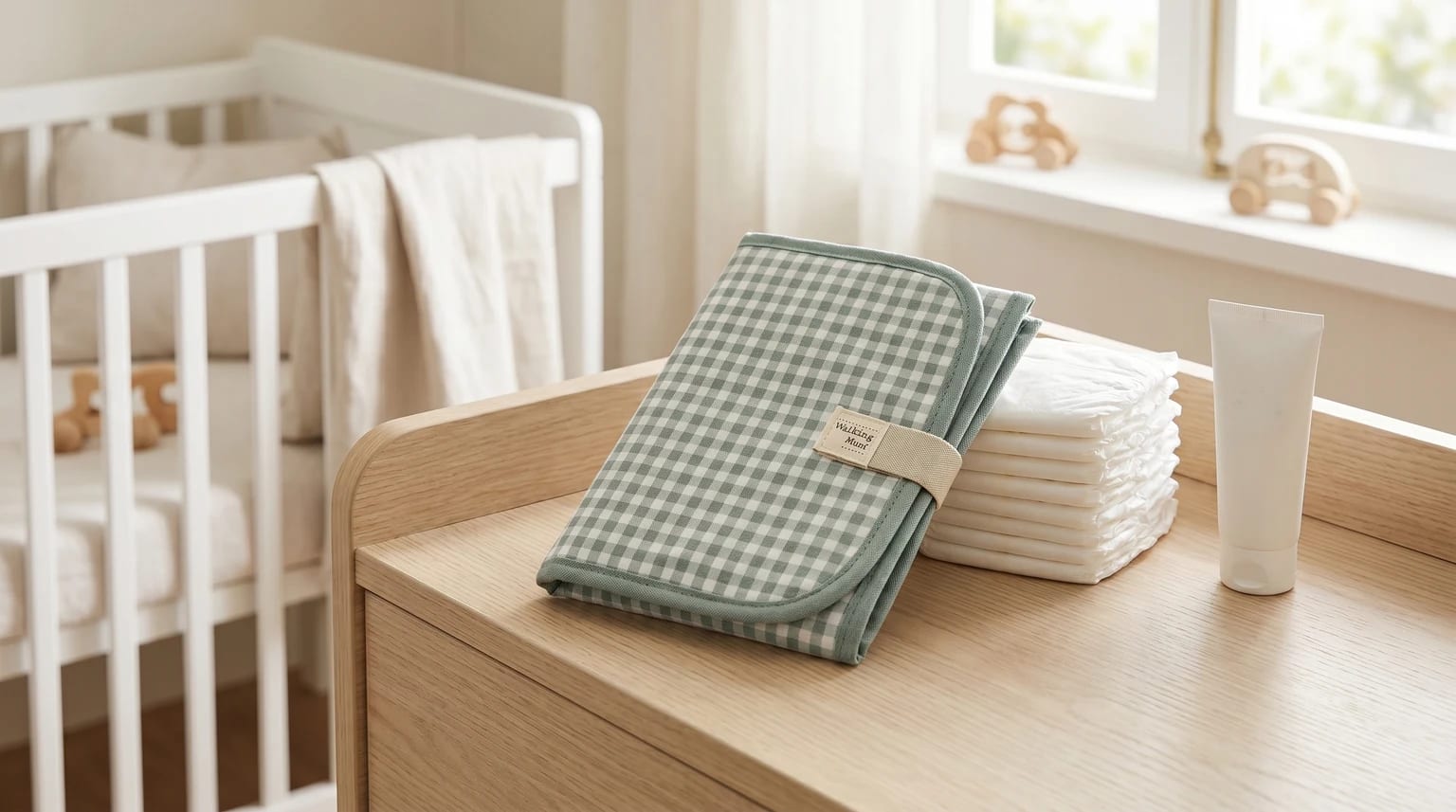 Muda-fraldas portátil com padrão xadrez vichy verde e branco, dobrado e colocado sobre um trocador de madeira num quarto de bebé luminoso e arejado.