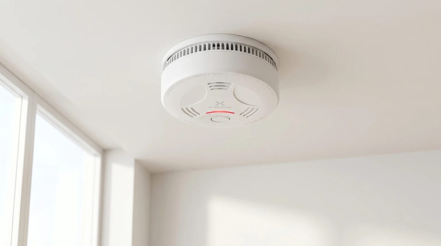 Detector de fumo X-Sense branco instalado no teto de uma divisão luminosa e arejada de uma casa.
