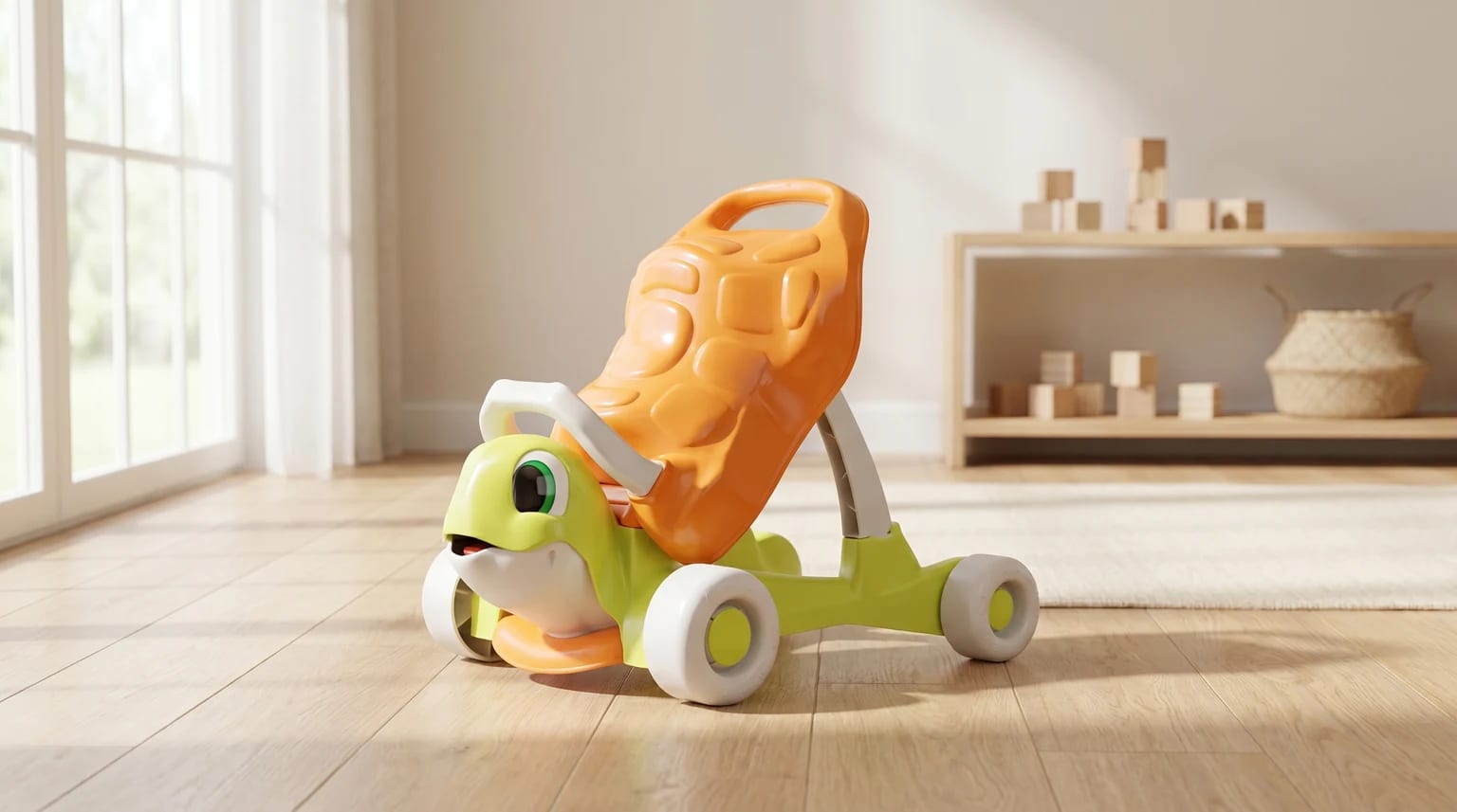 Andarilho infantil Chicco Tartaruga Eco+, verde e laranja, num quarto de criança soalheiro e com chão de madeira clara.