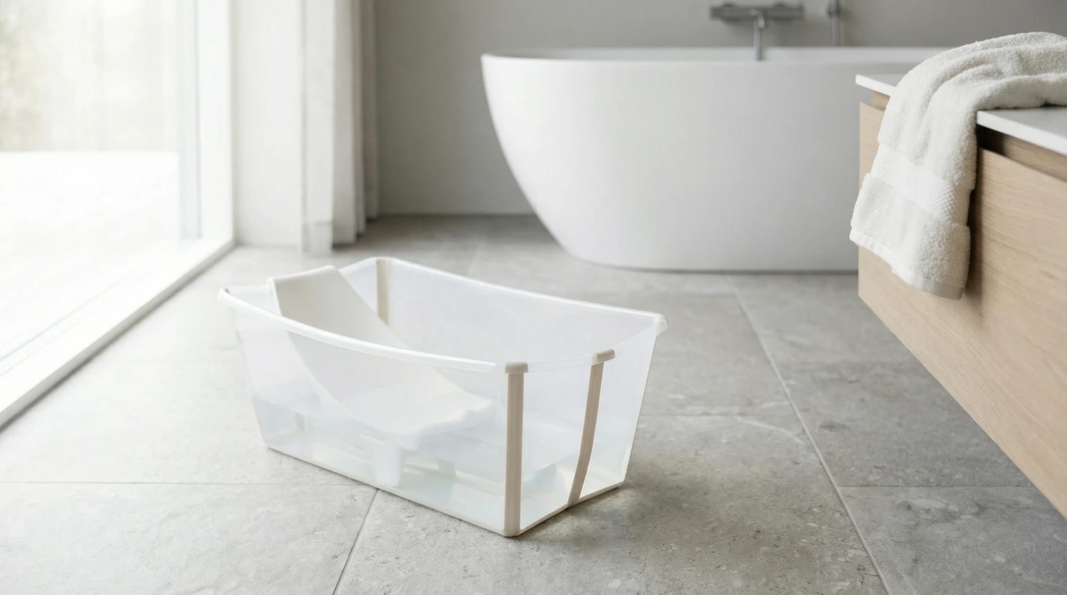 Banheira de bebé Stokke Flexi Bath com suporte para recém-nascido, cheia com um pouco de água e pousada no chão de uma casa de banho moderna e soalheira.
