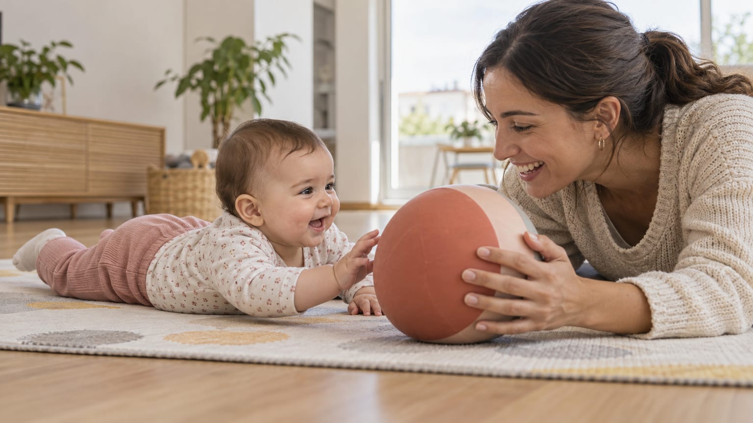 Bebé acordado de barriga para baixo num tapete no chão, a brincar com uma bola grande e a mãe ao seu nível.
