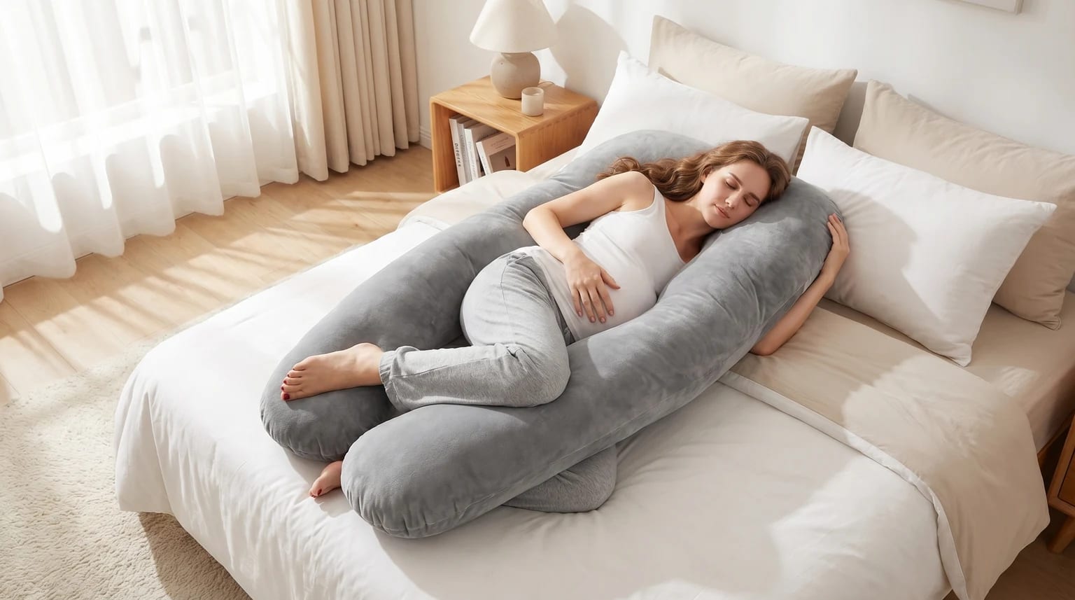 Mulher grávida a dormir confortavelmente de lado numa cama, apoiada por uma grande almofada de gravidez cinzenta em forma de U, num quarto luminoso e tranquilo.
