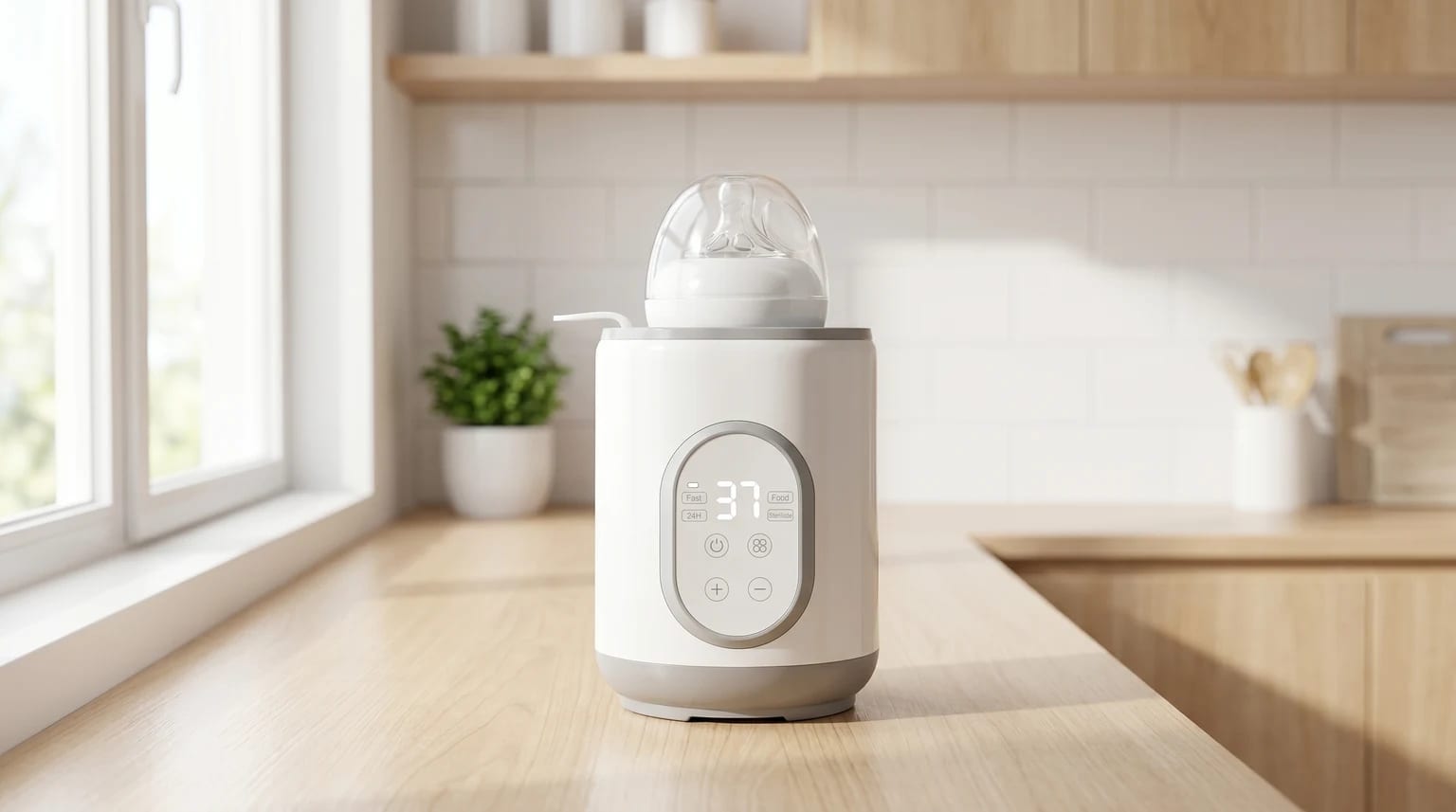 Aquecedor de biberões Vicloon branco e cinzento numa bancada de cozinha de madeira clara, com luz suave da manhã.