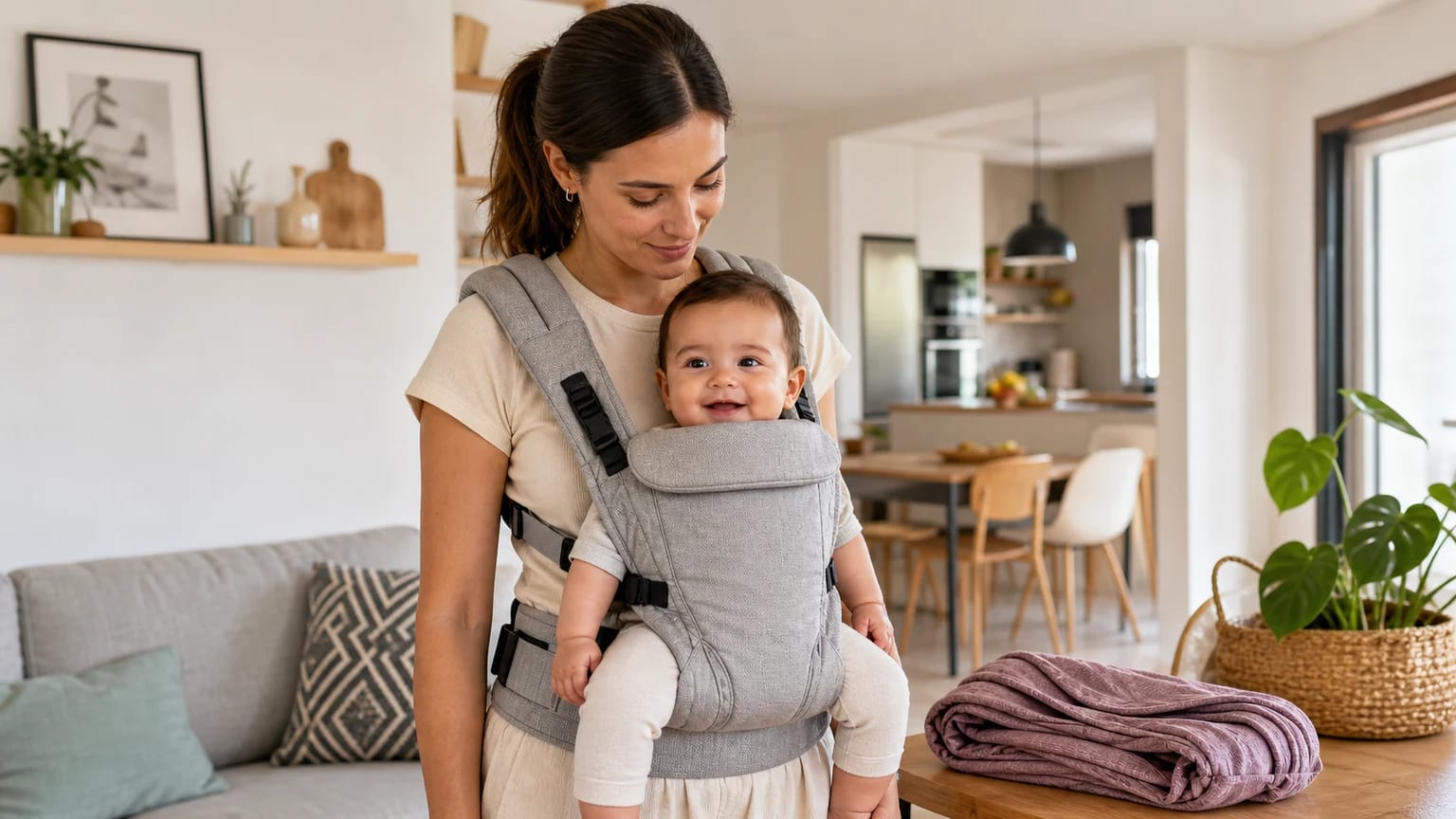 Adulto com bebé num porta-bebés ergonómico em casa