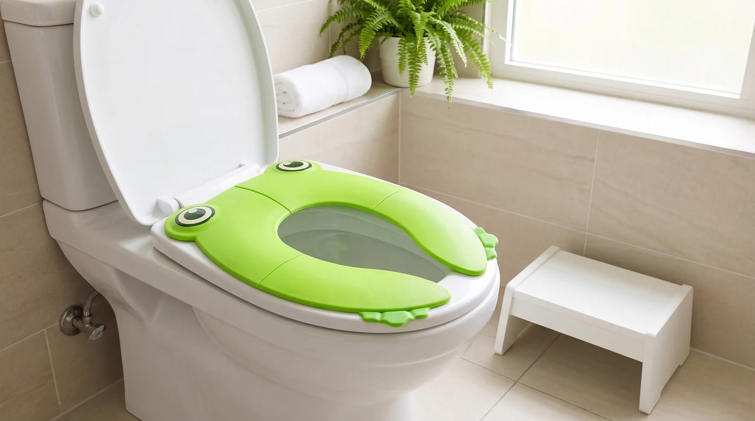 Redutor de sanita infantil verde em forma de sapo, colocado numa sanita num quarto de banho moderno e luminoso com um degrau para criança ao lado.