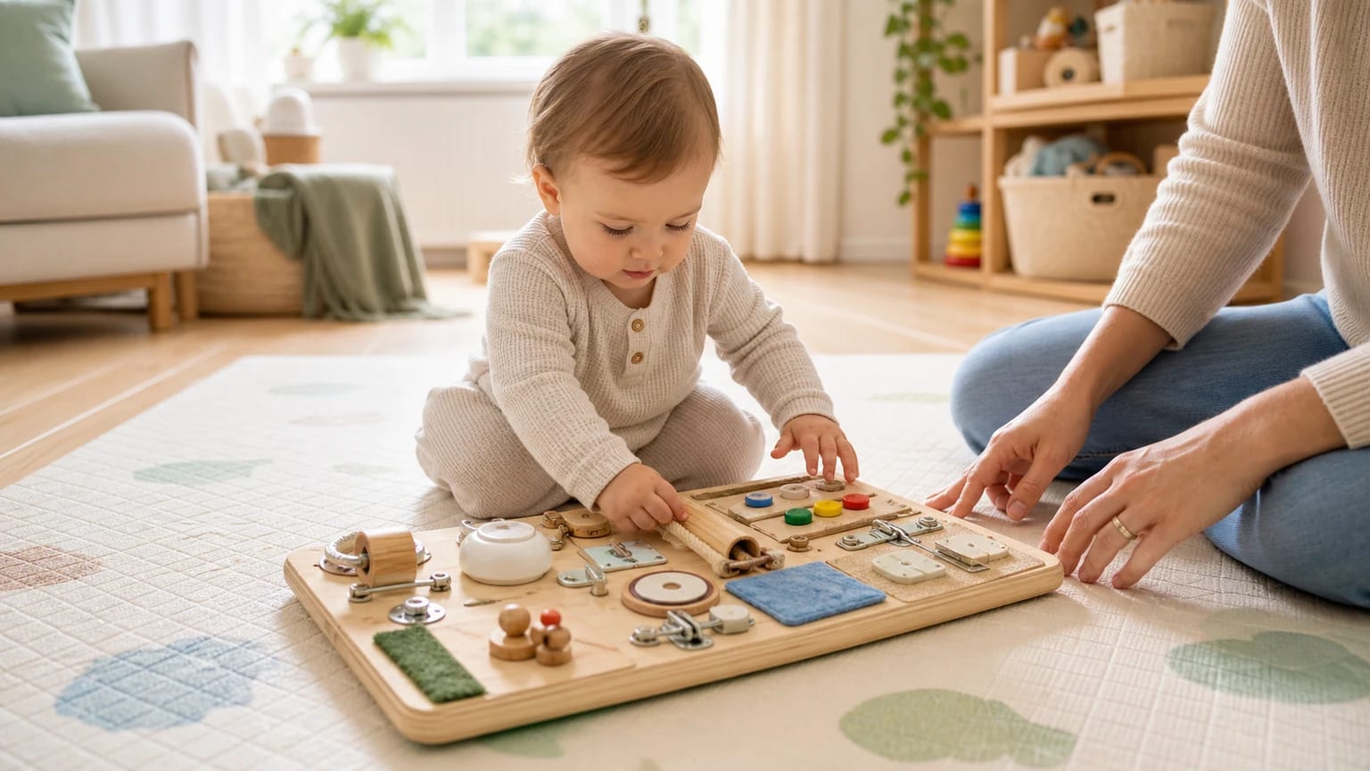 Numa sala luminosa, uma criança pequena explora um painel sensorial Montessori de madeira no chão, com um adulto por perto a supervisionar.