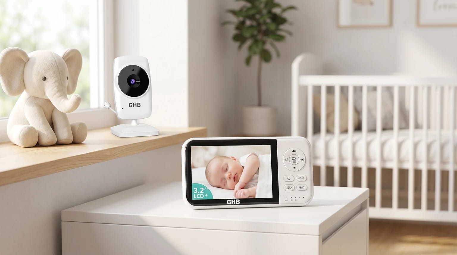 O intercomunicador de bebé GHB branco, com a câmara numa prateleira de madeira clara e o monitor dos pais numa mesa de cabeceira, num quarto de bebé sereno e luminoso.
