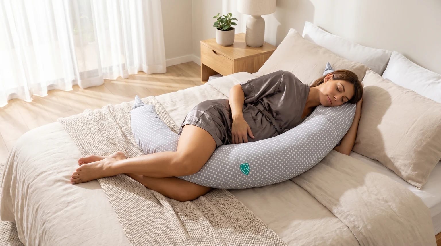 Mulher grávida a descansar confortavelmente de lado numa cama com uma almofada de gravidez cinzenta com bolinhas brancas, num quarto luminoso e sereno.