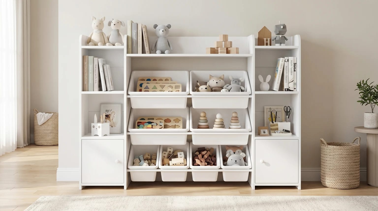 Organizador infantil branco tipo Montessori, com oito caixas inclinadas, prateleiras laterais e brinquedos arrumados num quarto de criança luminoso.