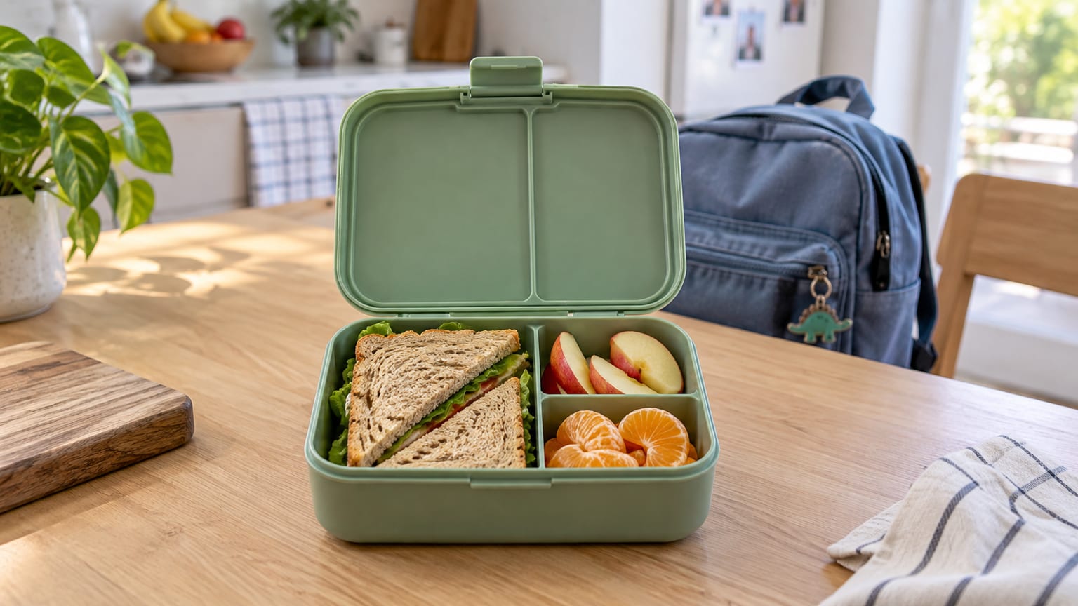 Lancheira verde com sandes e fruta em compartimentos, junto a uma mochila escolar numa mesa de madeira.