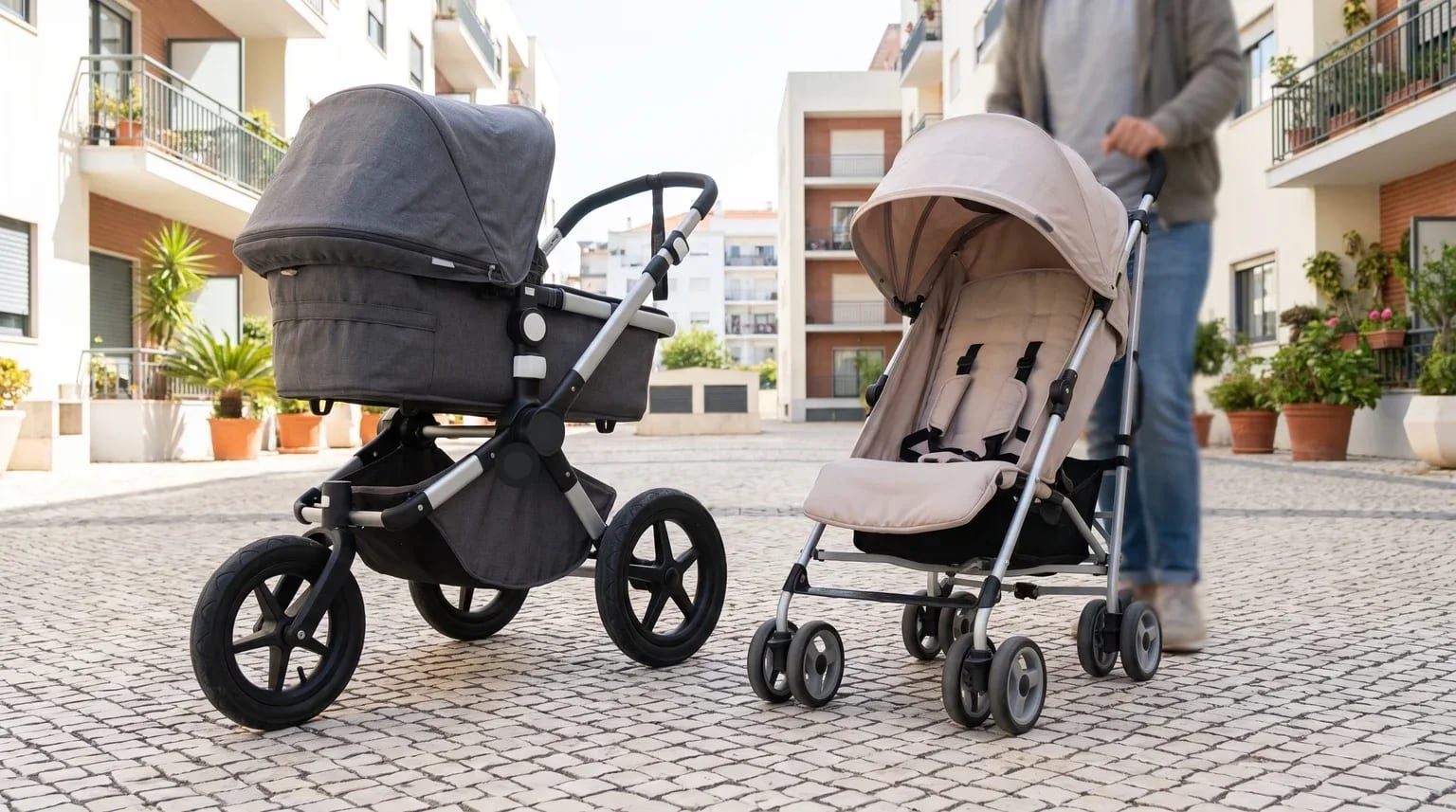 Dois carrinhos de bebé lado a lado, um de 3 rodas e outro de 4 rodas, num passeio urbano