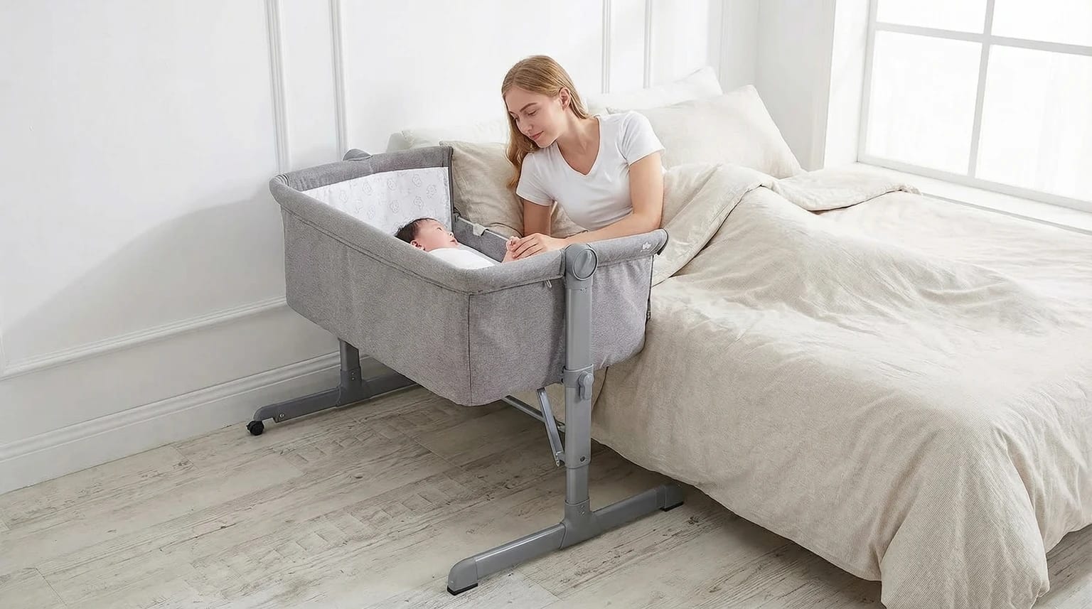 Mãe descansa na cama ao lado do seu bebé, que dorme tranquilamente num berço co-sleeper cinzento num quarto luminoso e sereno.