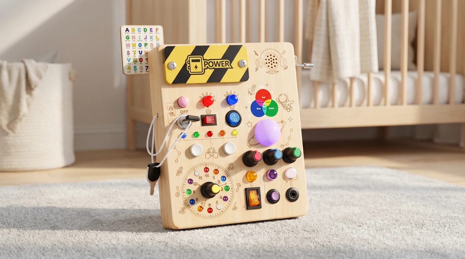 Painel LED Montessori de madeira da Konijiwa, pousado num tapete claro num quarto de criança luminoso, com interruptores coloridos e cartão do alfabeto visível.