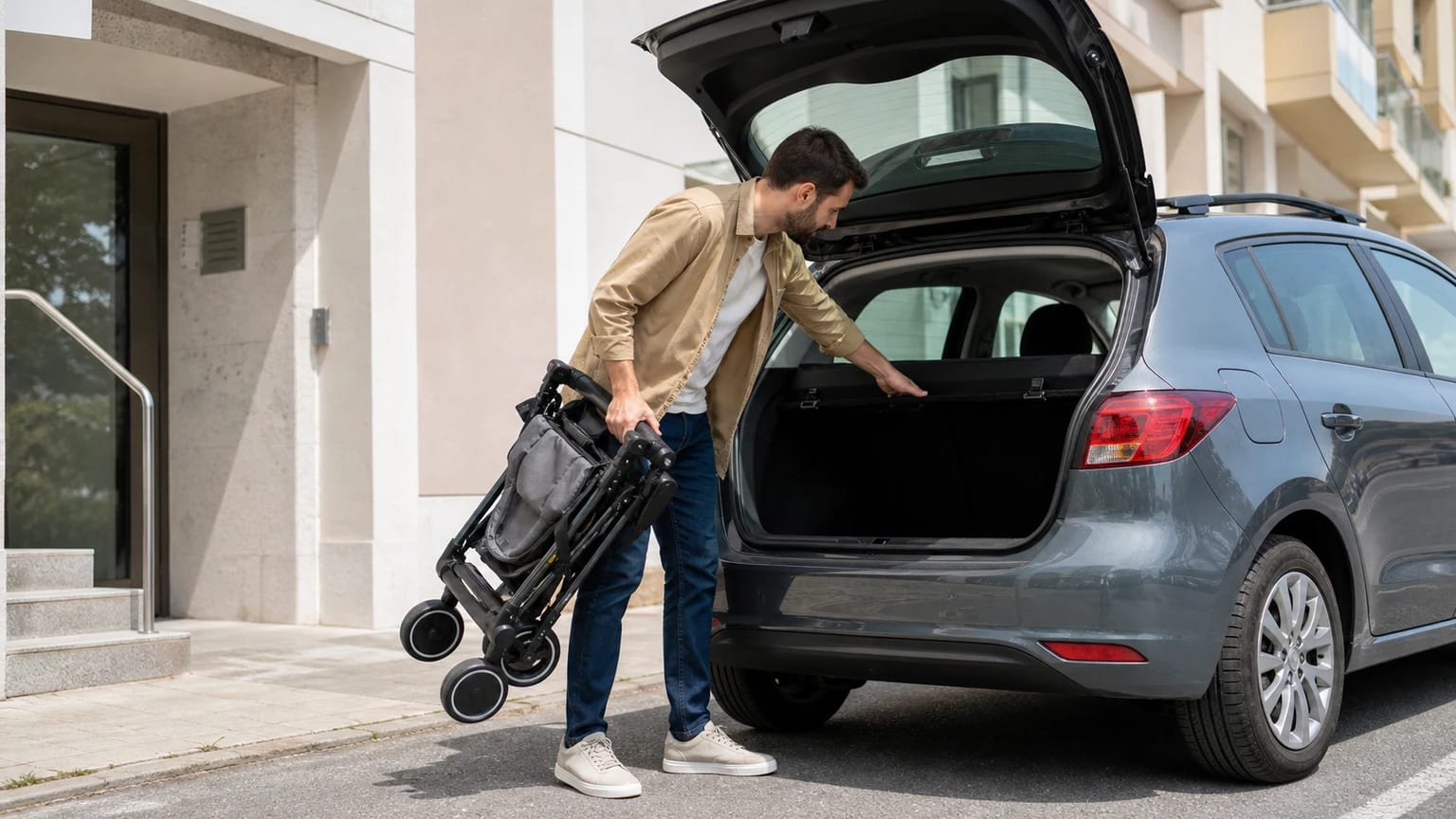 Carrinho de bebé dobrado junto à bagageira do carro para verificar o espaço disponível