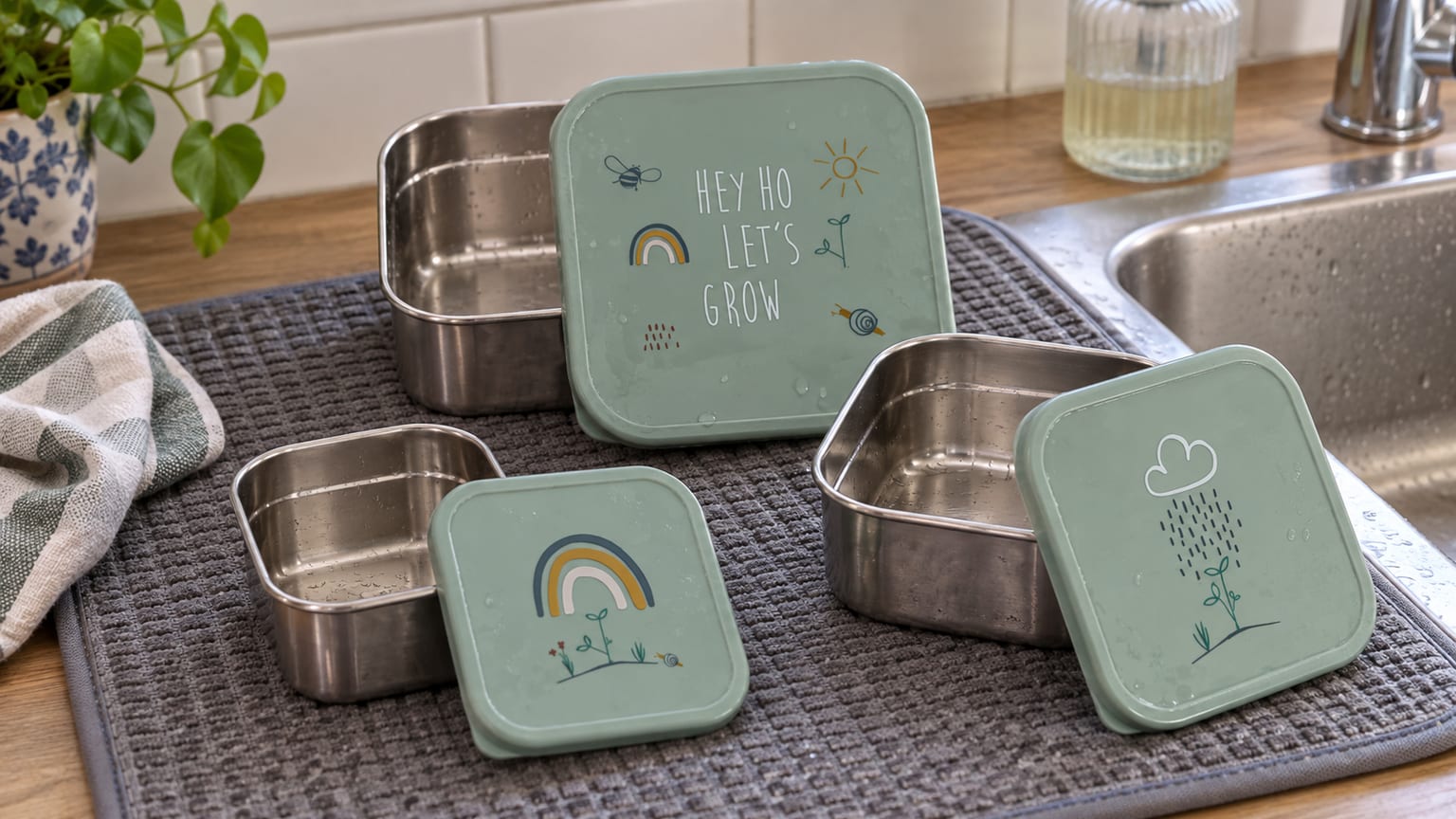 Três caixas Lässig Garden Explorer em inox, com as tampas, sobre um tapete de secagem.