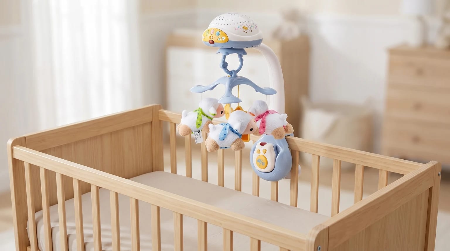 Móbile VTech Conta Ovelhinhas preso a um berço de madeira clara, com ovelhinhas suspensas num quarto luminoso.