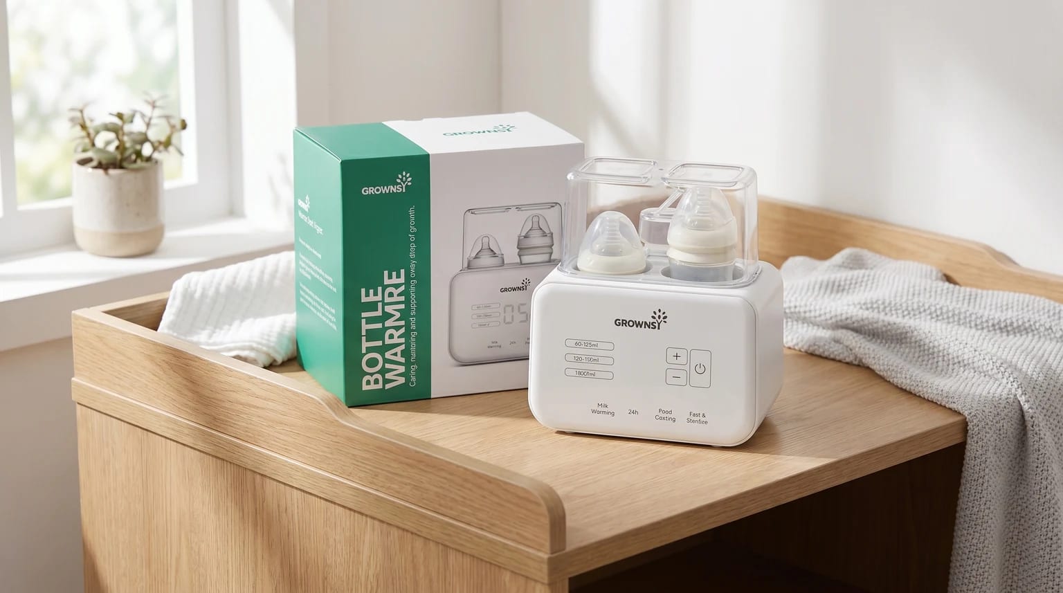 O aquecedor de biberões branco da GROWNSY numa bancada de cozinha moderna e luminosa, pronto a usar.