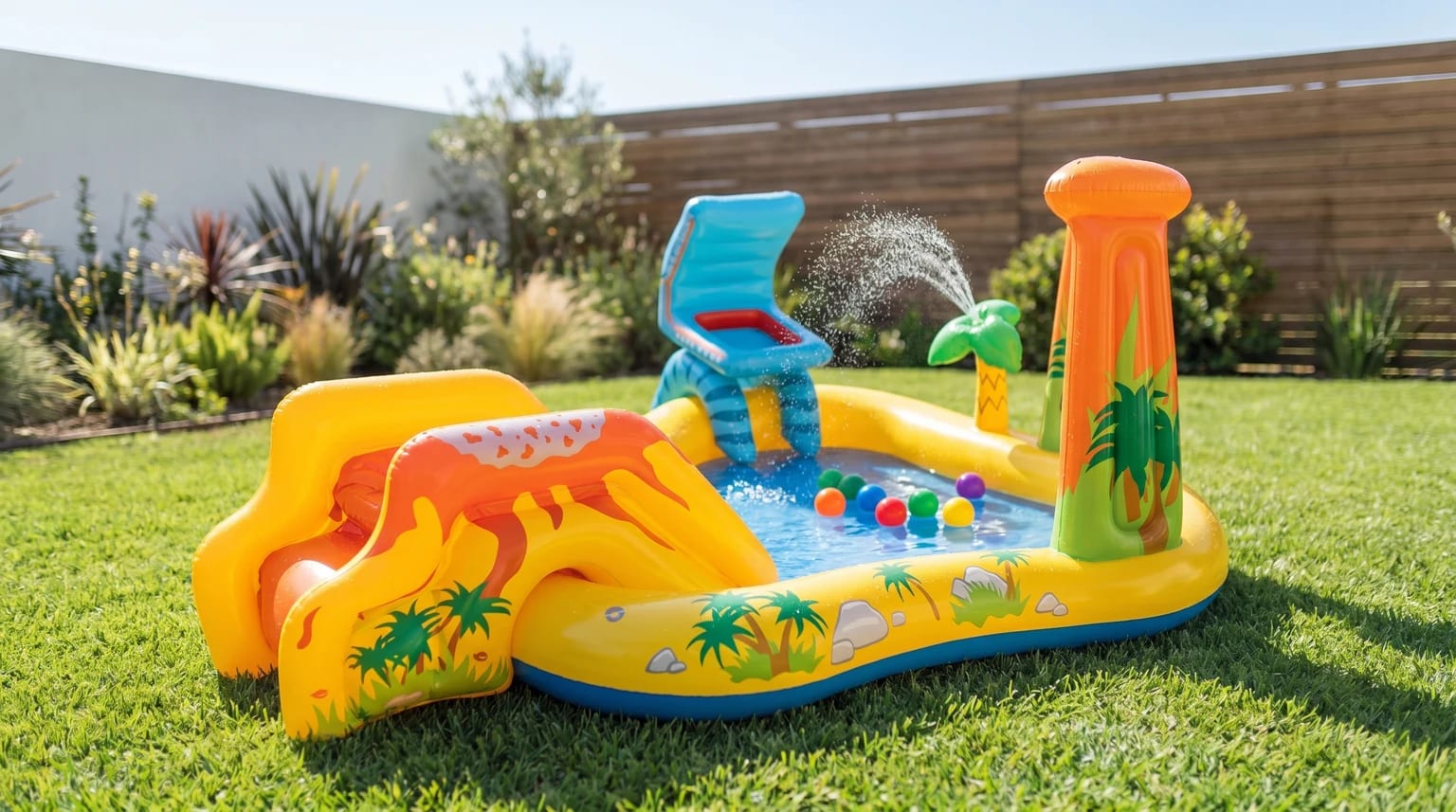 Centro de jogos aquático insuflável com tema de dinossauros, montado num jardim soalheiro com bolas coloridas e água no interior.