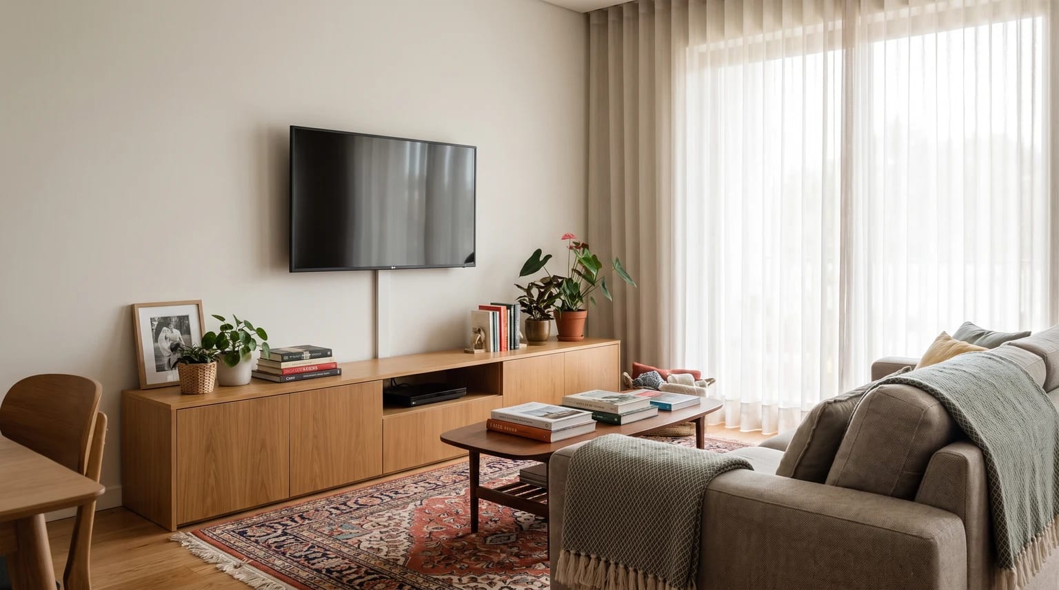 Televisão fixa à parede com cabos arrumados numa sala familiar