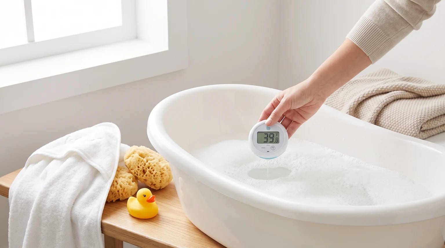 Uma mão coloca um termómetro digital numa banheira de bebé branca com água e espuma. Ao lado, estão uma toalha, esponjas e um pato de borracha.