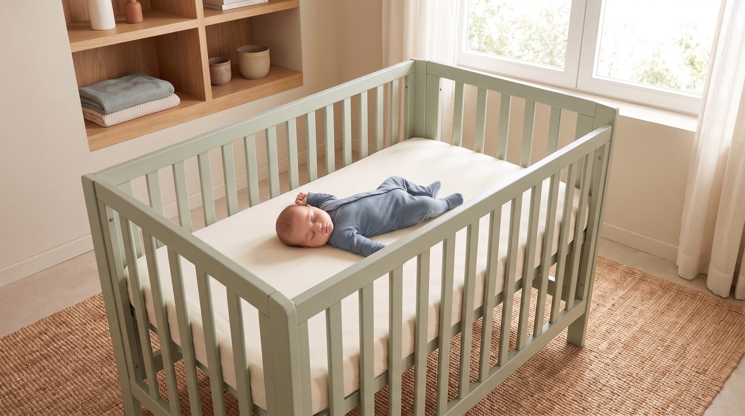 Um bebé dorme de costas numa cama de grades verde-clara, com as quatro laterais fechadas e o colchão plano e desimpedido, num quarto luminoso.