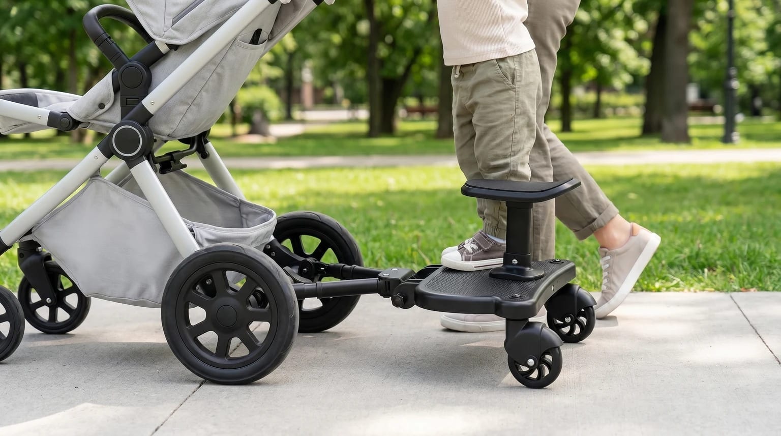 Criança de pé numa plataforma preta com assento, acoplada à parte de trás de um carrinho de bebé num parque soalheiro.