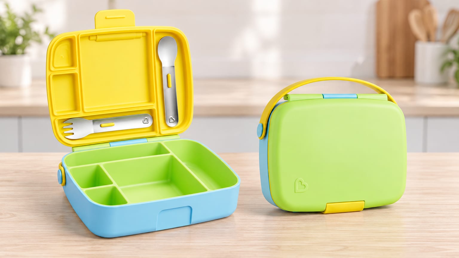 Lancheira infantil Munchkin Bento, aberta com cinco compartimentos e talheres na tampa, e fechada com pega amarela.