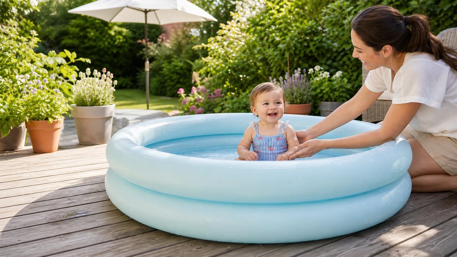 Um bebé de fato de banho sentado numa piscina insuflável azul-claro num terraço de madeira, enquanto uma adulta o supervisiona de perto.